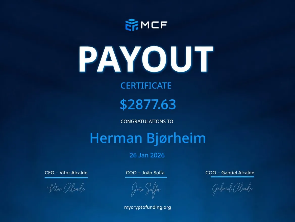 MyCryptoFunding (MCF) payout certificate · $2,877.63, 26 Jan 2026, issued to Herman